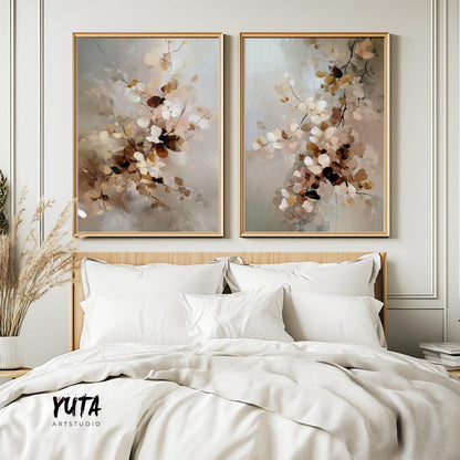 Framed neutral floral art set above bed showing large and medium print dimensions on wall.