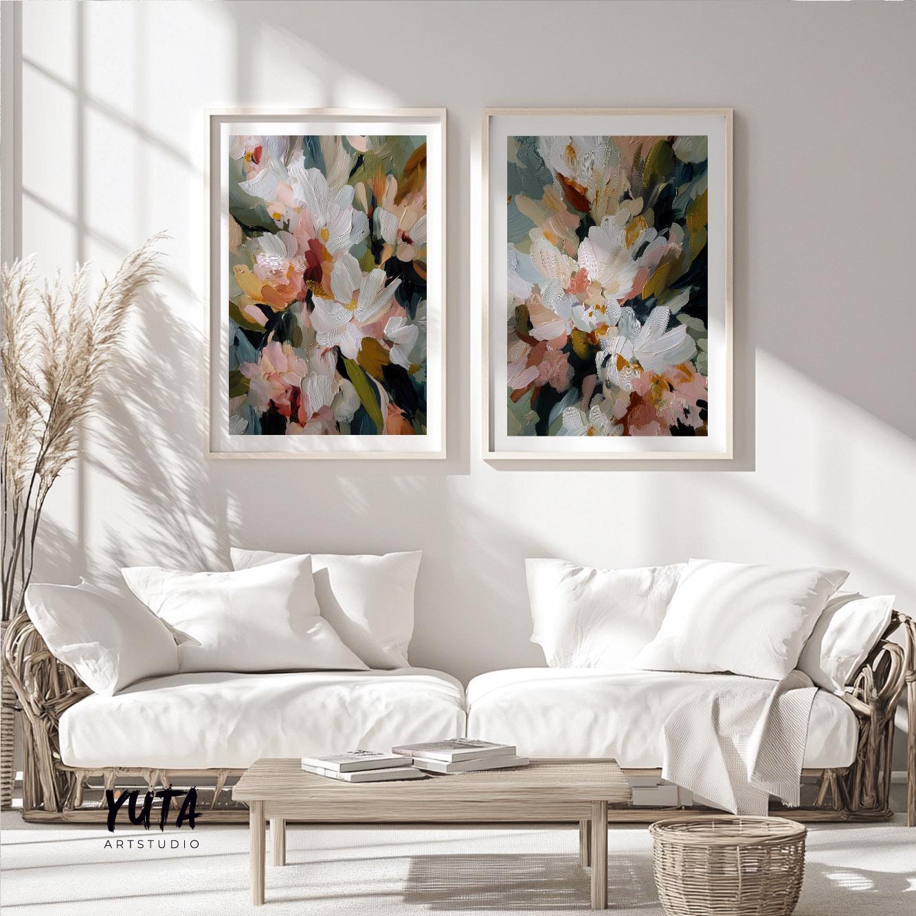 Modern floral canvas wall art showcasing blooming white flowers in soft earthy colors