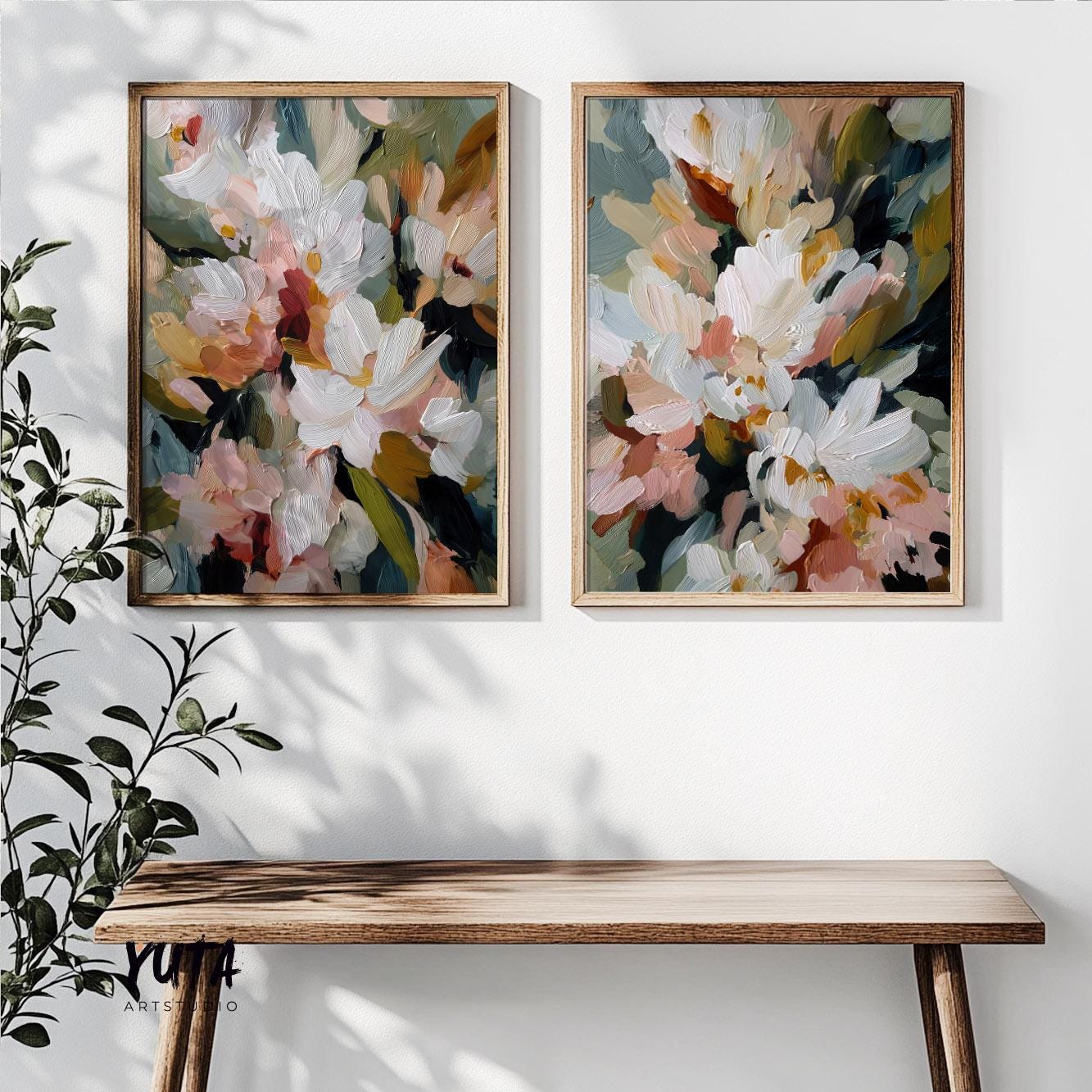 Impressionist floral artwork set with elegant white flowers and rich painterly textures