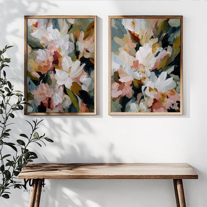 Impressionist floral artwork set with elegant white flowers and rich painterly textures