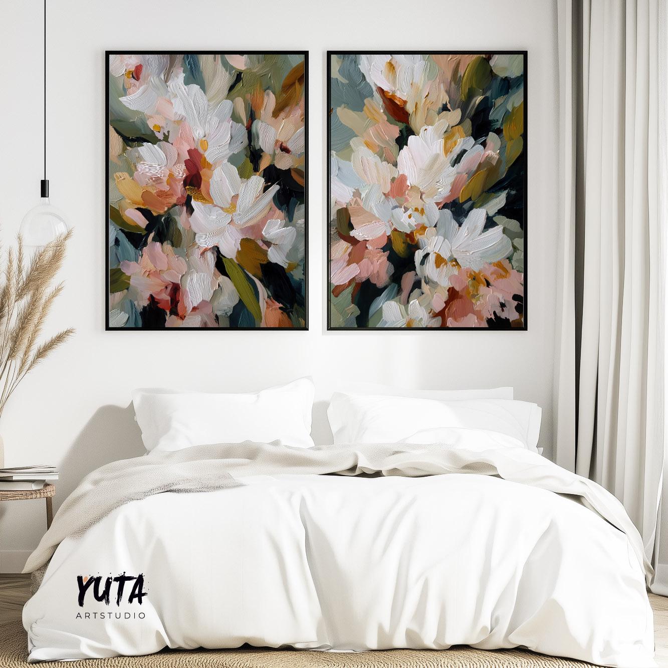 Modern flower canvas prints with white blossoms in blush, sage green, and olive tones