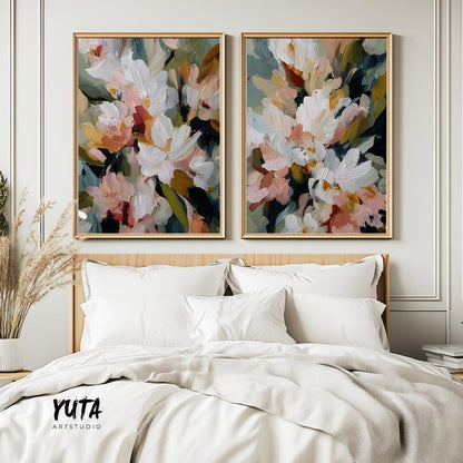 Contemporary botanical wall art featuring textured white floral paintings on neutral backgrounds