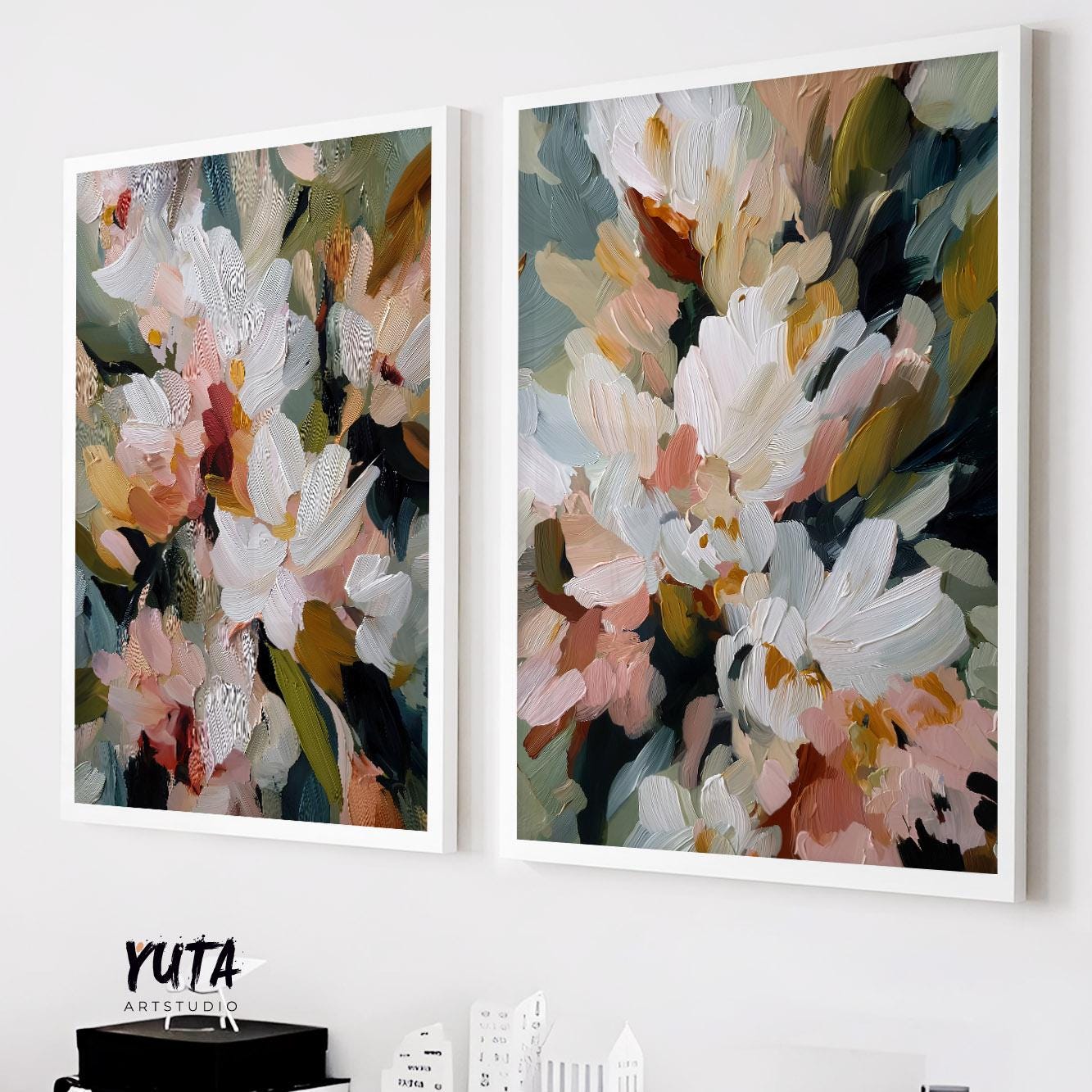 Abstract floral wall art set of 2 featuring textured white flowers with expressive impressionist brushstrokes