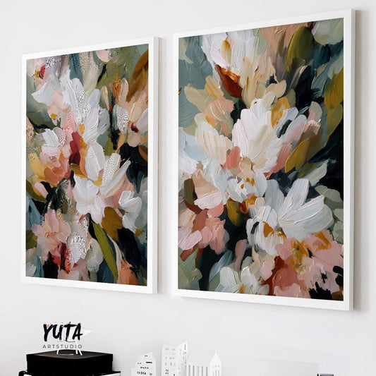 Abstract floral wall art set of 2 featuring textured white flowers with expressive impressionist brushstrokes