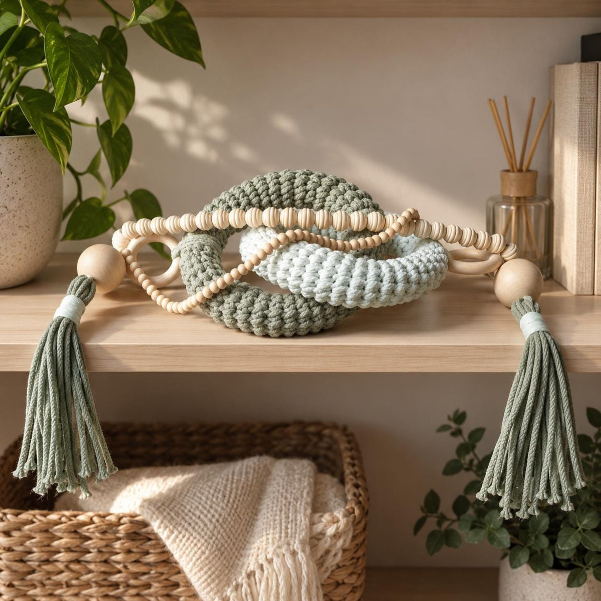 Handmade shelf decor accent with sage green woven cotton rings, wooden beads and decorative tassels