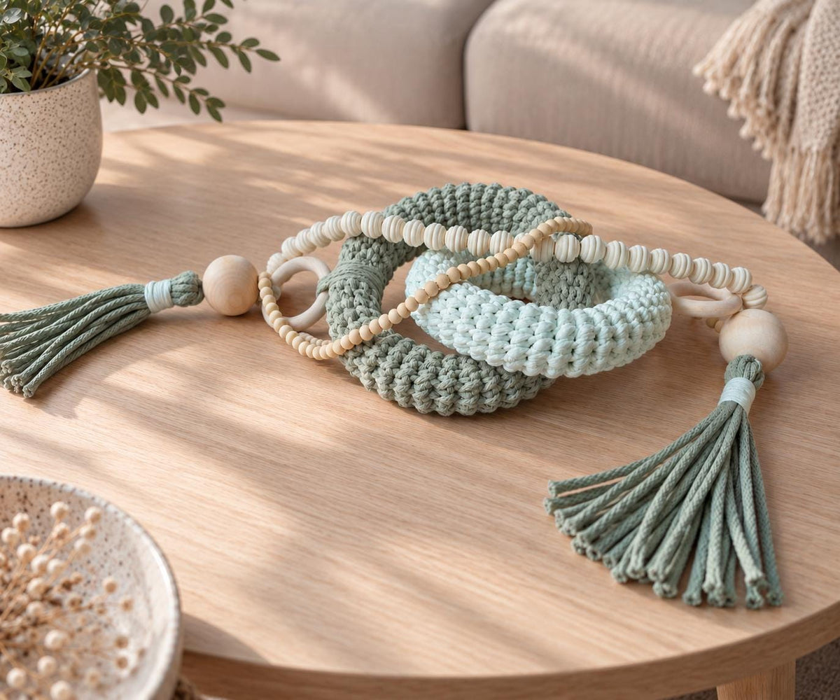 Boho coffee table decor with interlocking cotton rings, natural wood beads and handmade tassel details