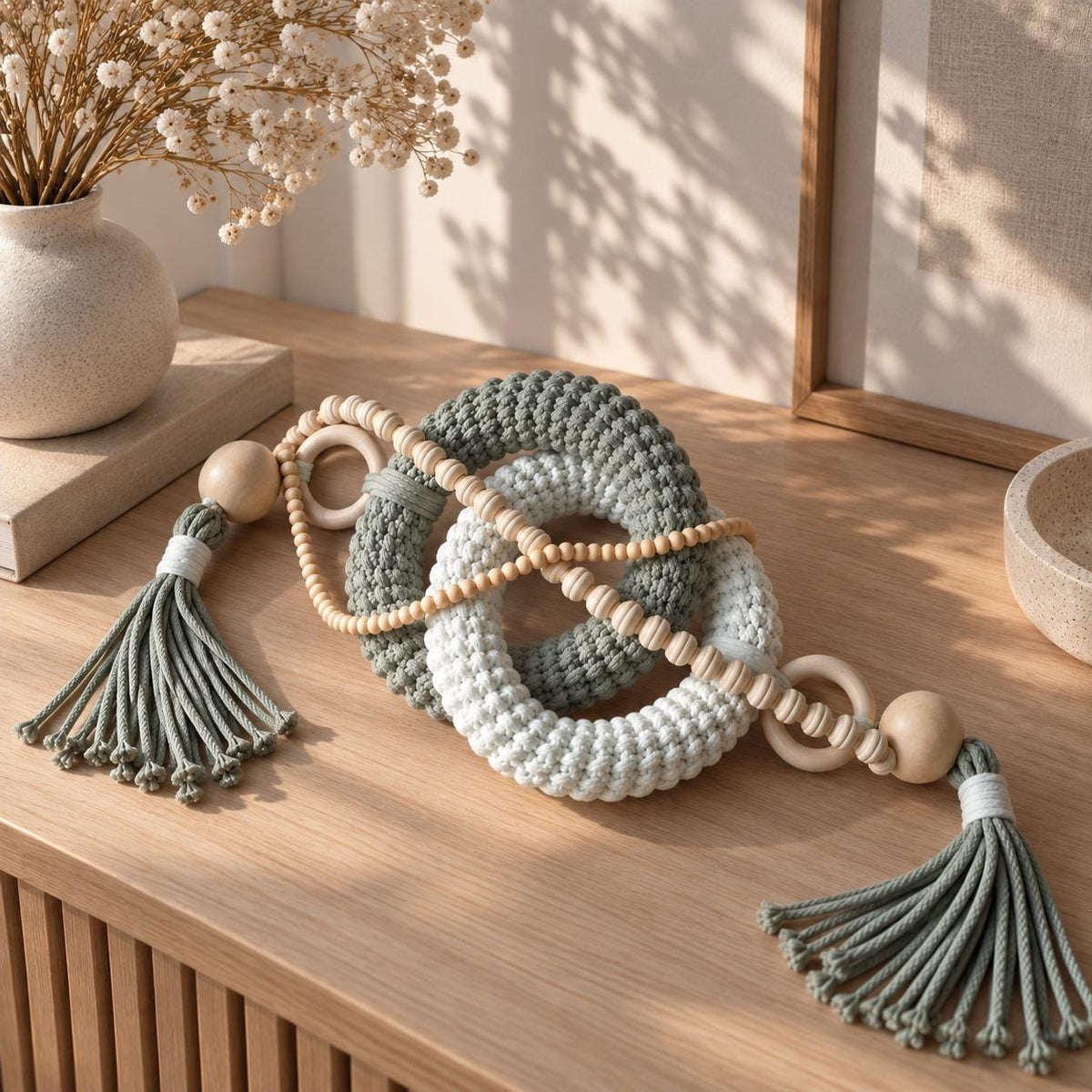 Custom color handmade table decoration with woven cotton rings, wood beads and tassels for modern neutral interiors