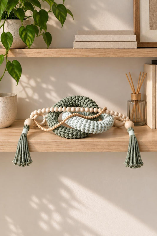 Handmade cotton and wood table decor with woven rings, wooden beads and tassels in sage green and pale sage