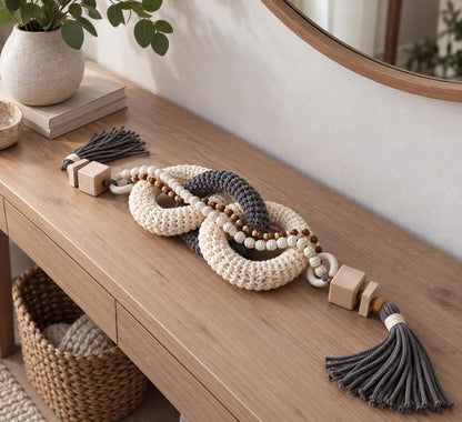 Gray and beige handmade coffee table decor with three woven cotton rings, natural wooden beads and tassels