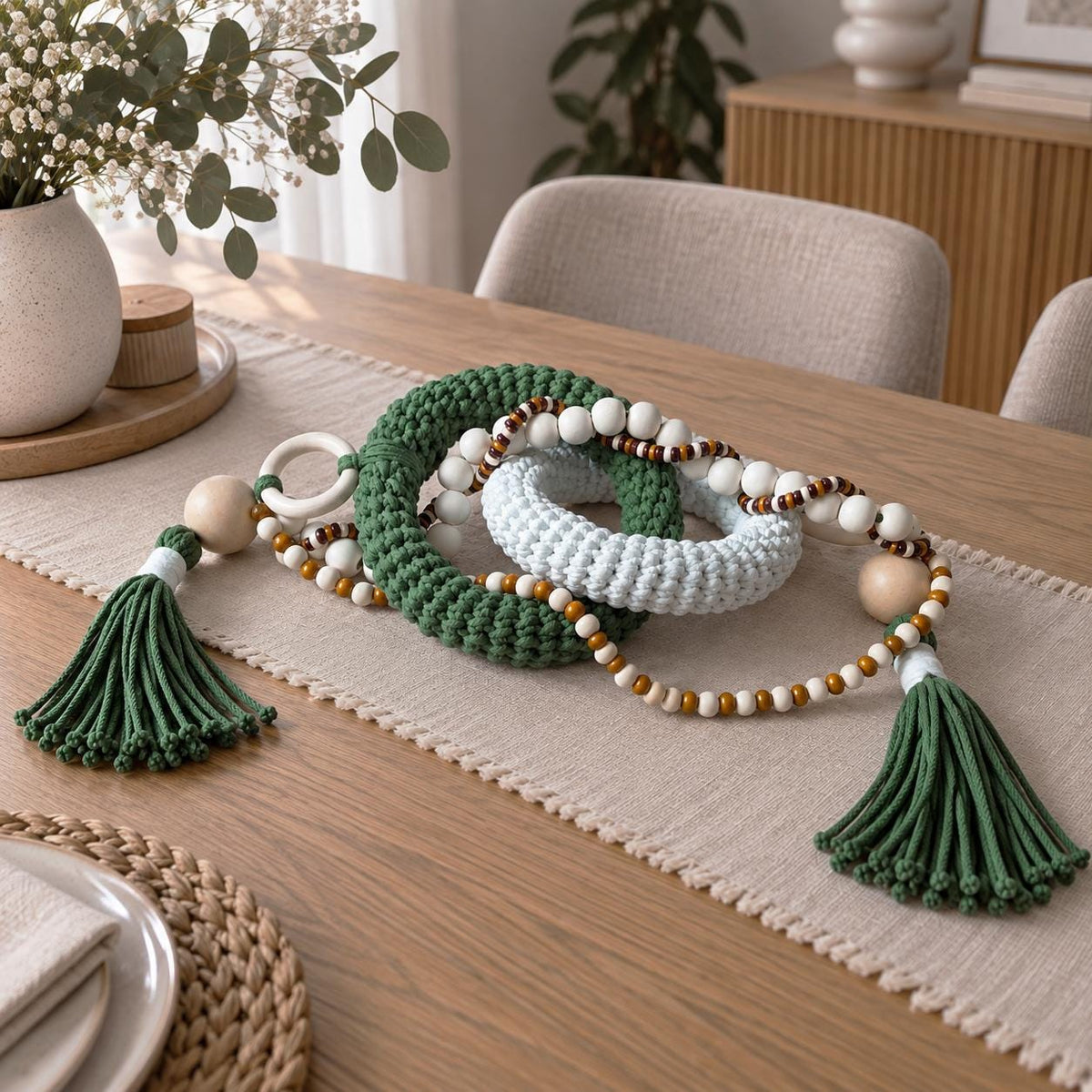 Olive green home decor accent with textured cotton rings and warm natural wood details