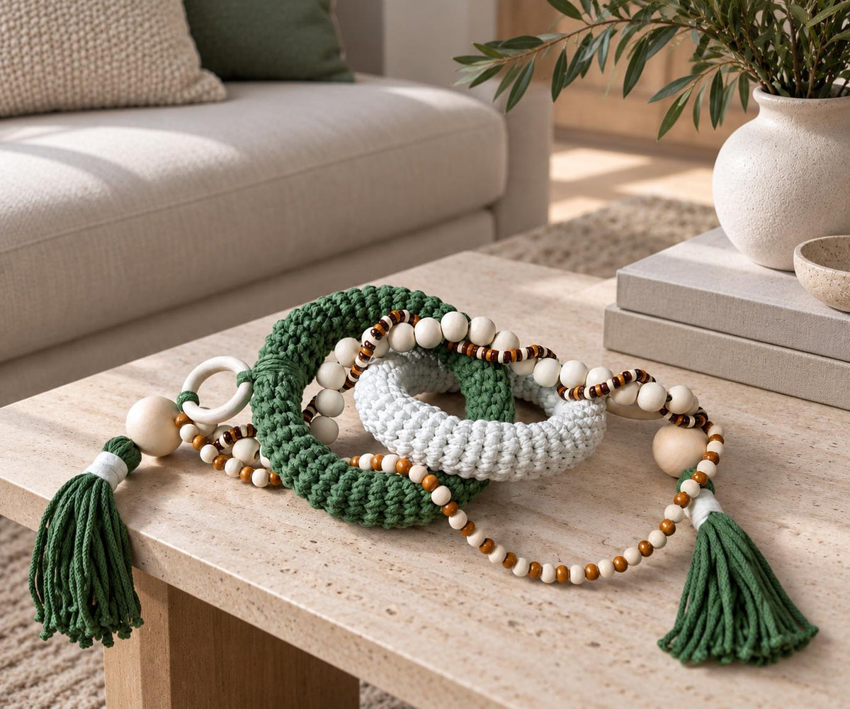 Olive green coffee table accent made with textured cotton cord, wooden beads and decorative tassels