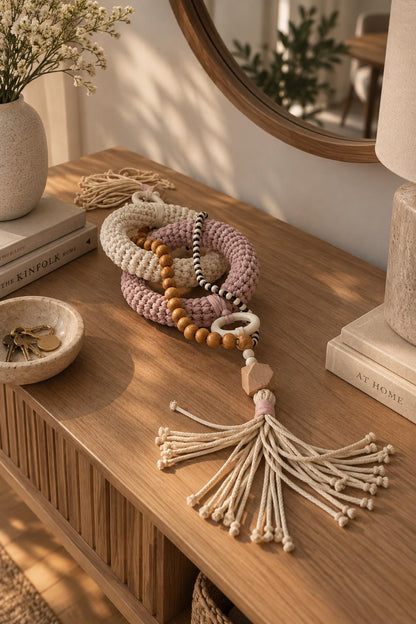 Dusty Pink Shelf Accent, Coffee Table Decor, Handmade Cotton Wood Decor, Scandinavian Boho Home Decoration