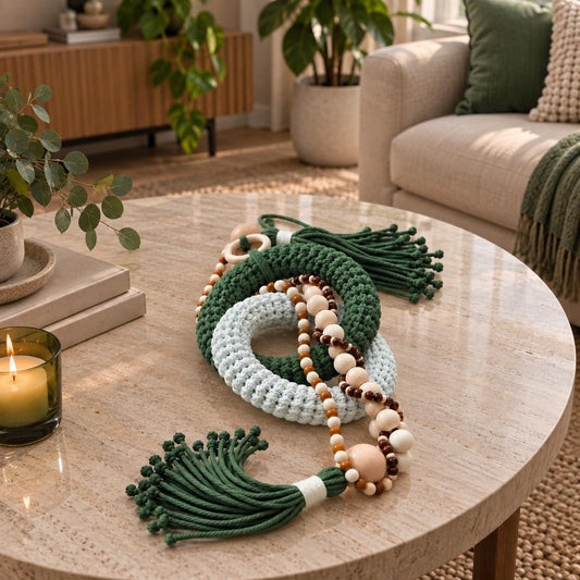 Olive green and cream handmade coffee table decor with woven cotton rings, natural wooden beads and tassels