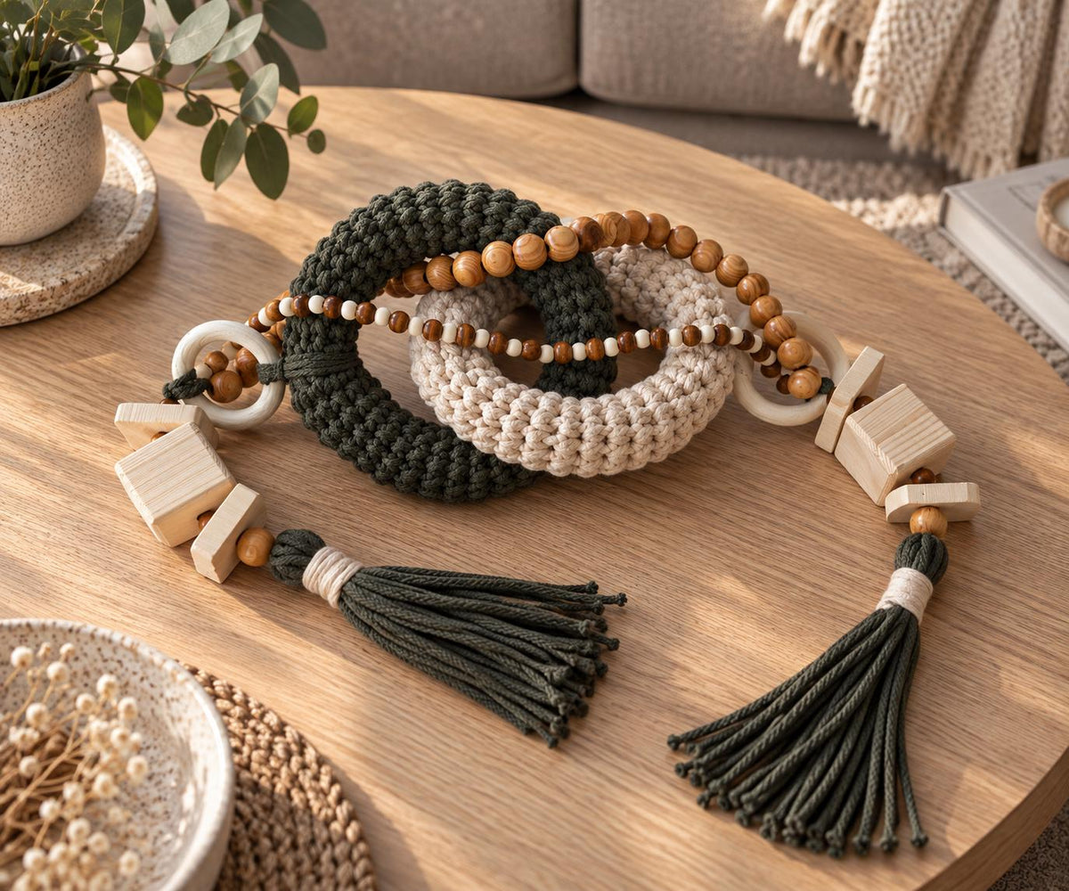 Handmade Scandinavian decor object in dark olive green, warm beige and natural wood