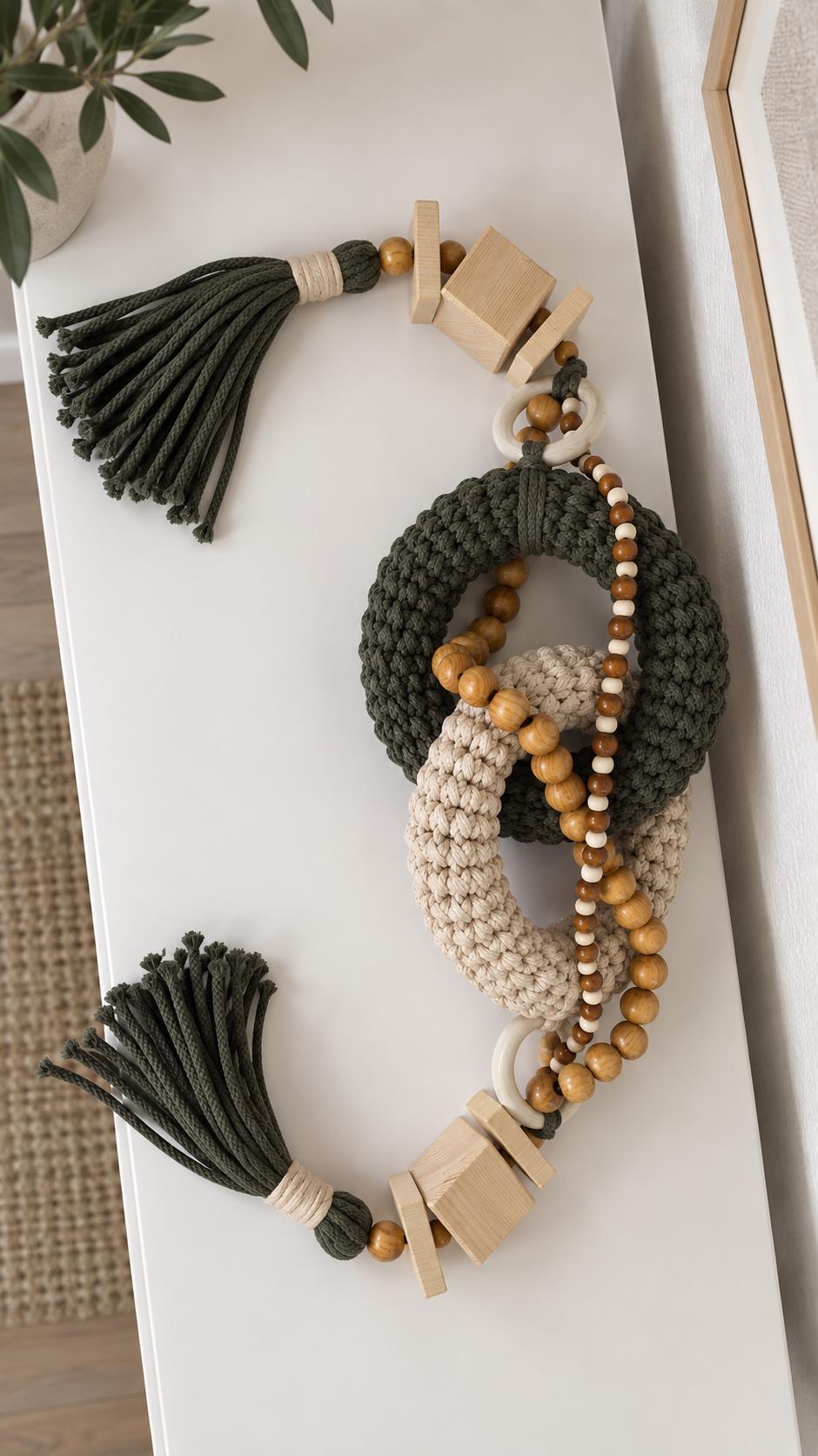Close up of handmade olive green decor with chunky woven texture and natural wooden beads