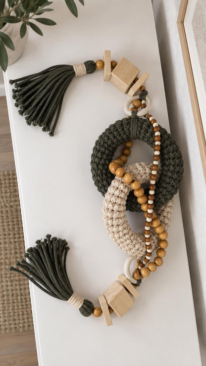 Close up of handmade olive green decor with chunky woven texture and natural wooden beads