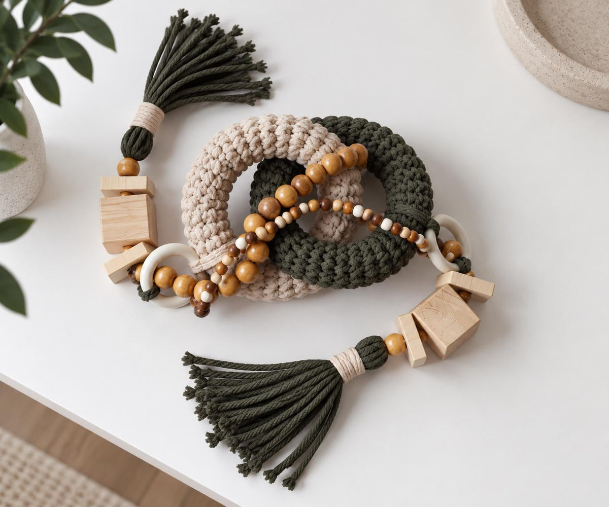 Earthy coffee table decor with dark olive tassels, wooden beads and beige woven details