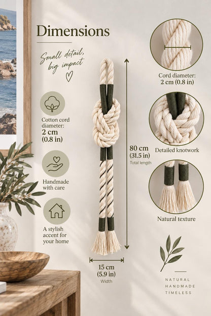 Size guide for rope knot wall hanging showing 80 cm length 15 cm width and cord diameter