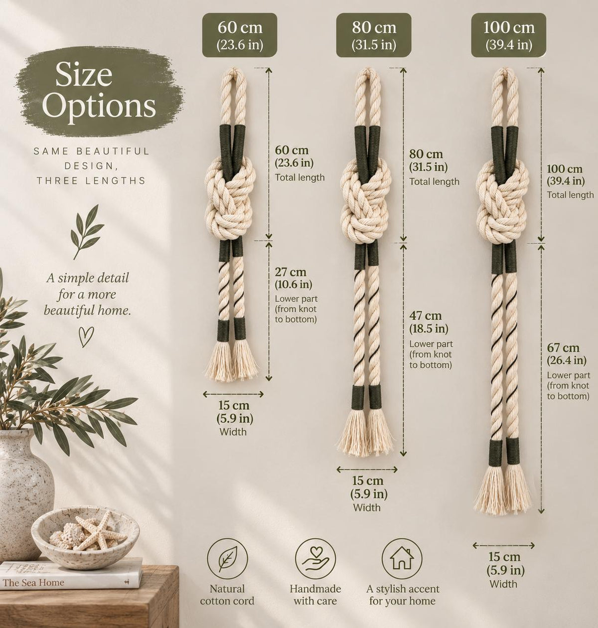 Rope wall hanging size options showing 60 cm 80 cm and 100 cm lengths with measurements