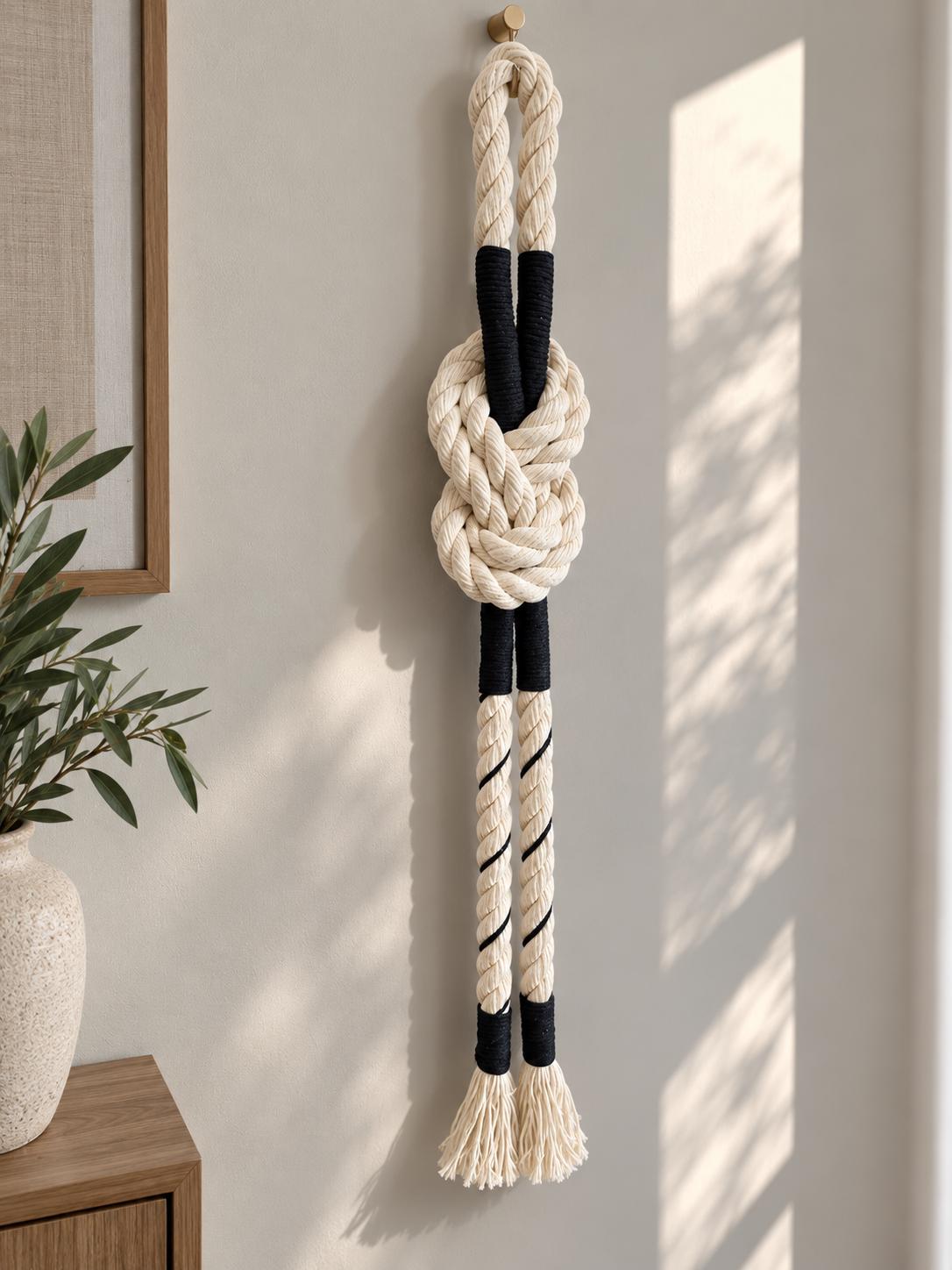 Long rope wall hanging with sculptural knot and tassels in a Scandinavian style interior