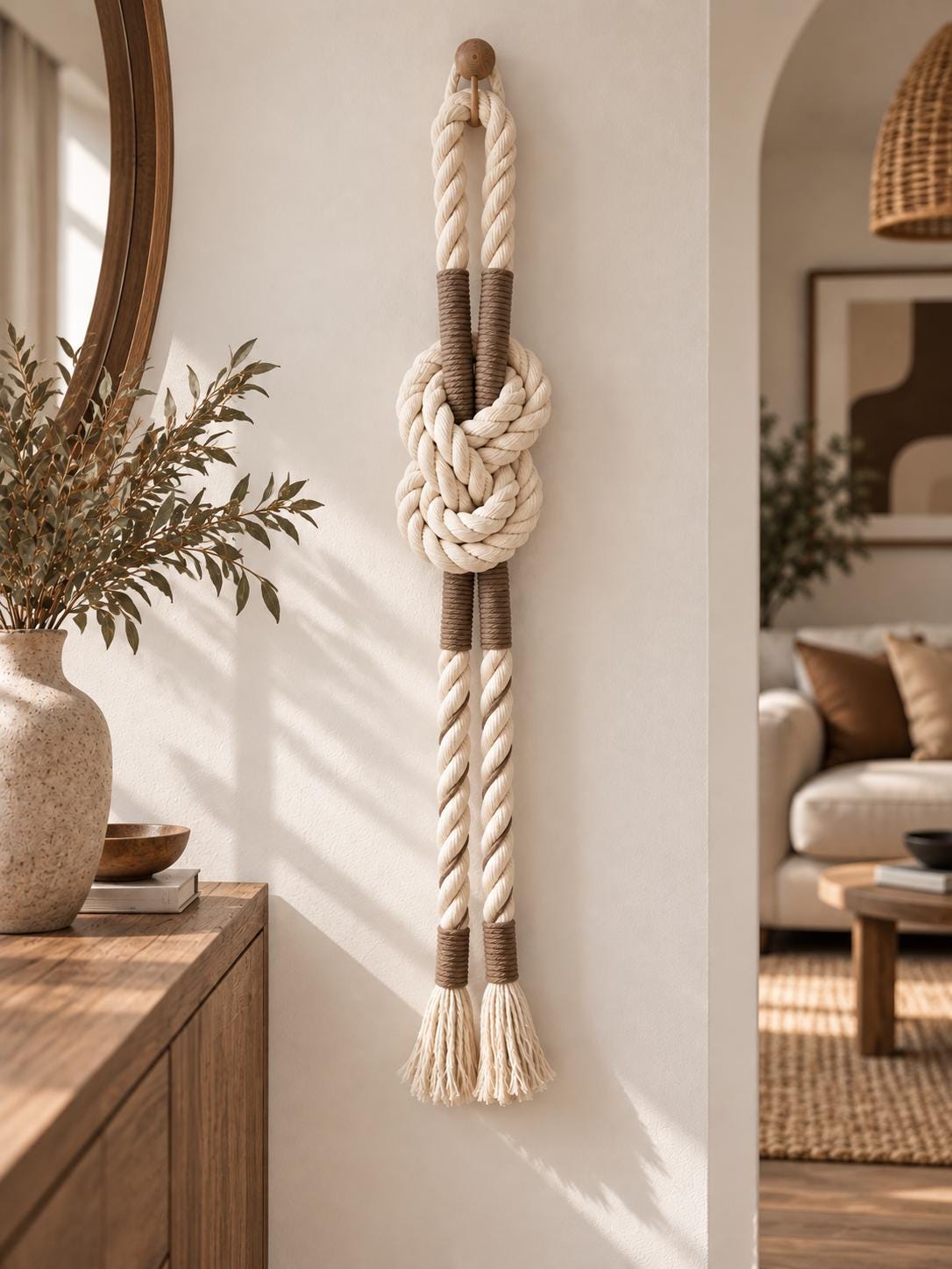 Long rope wall hanging with sculptural knot and tassels in a Scandinavian style interior