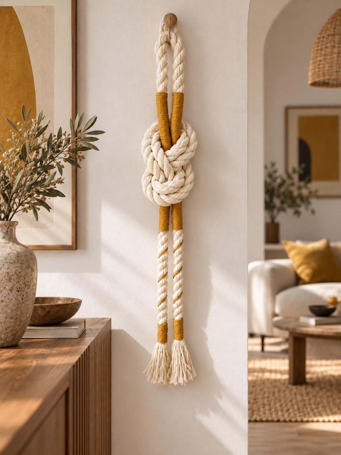 Coastal rope wall decor hanging beside a wooden console in a bright neutral interior