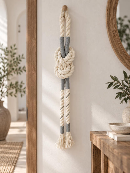 Handmade nautical wall hanging with chunky cotton rope knot and long twisted tails