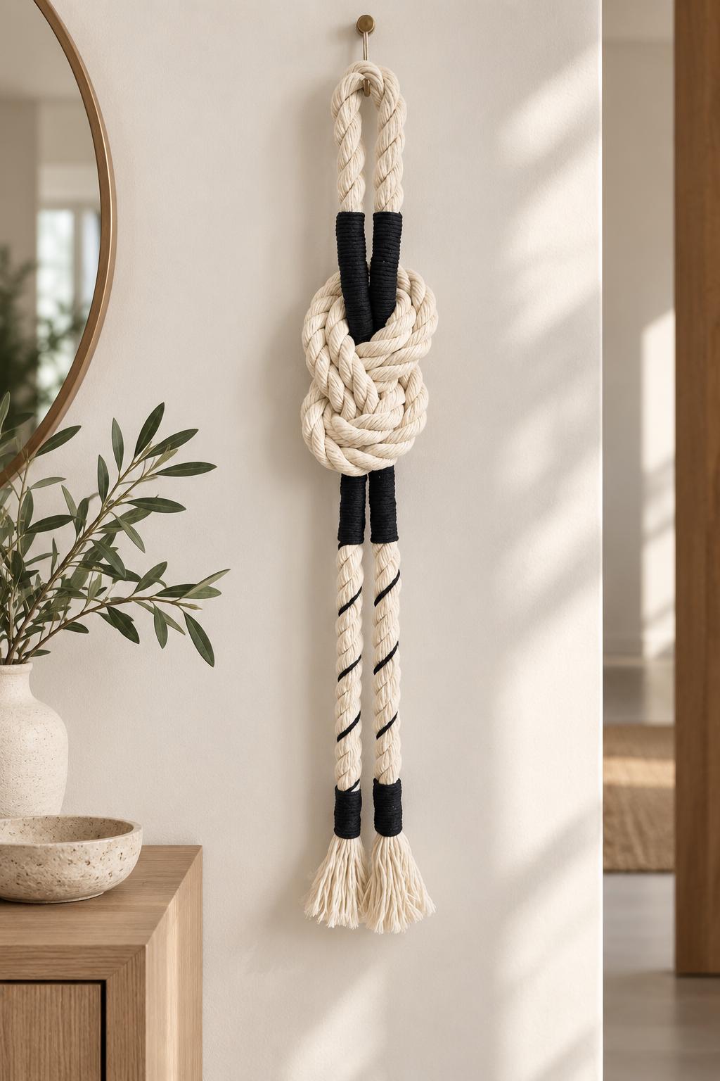 Handmade rope knot wall hanging with natural cotton cord and long tassel ends
