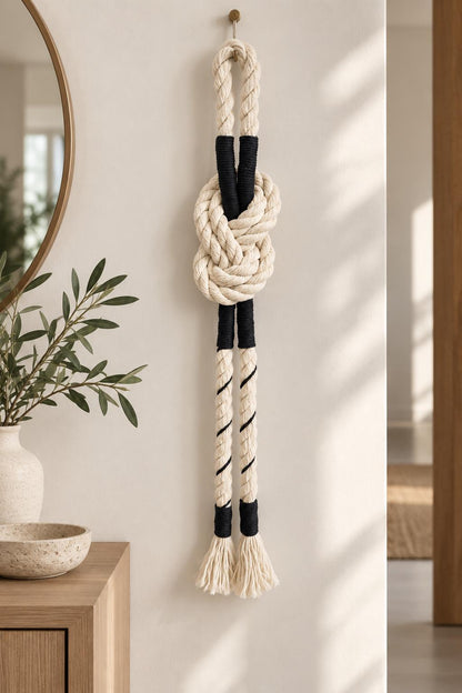 Handmade rope knot wall hanging with natural cotton cord and long tassel ends