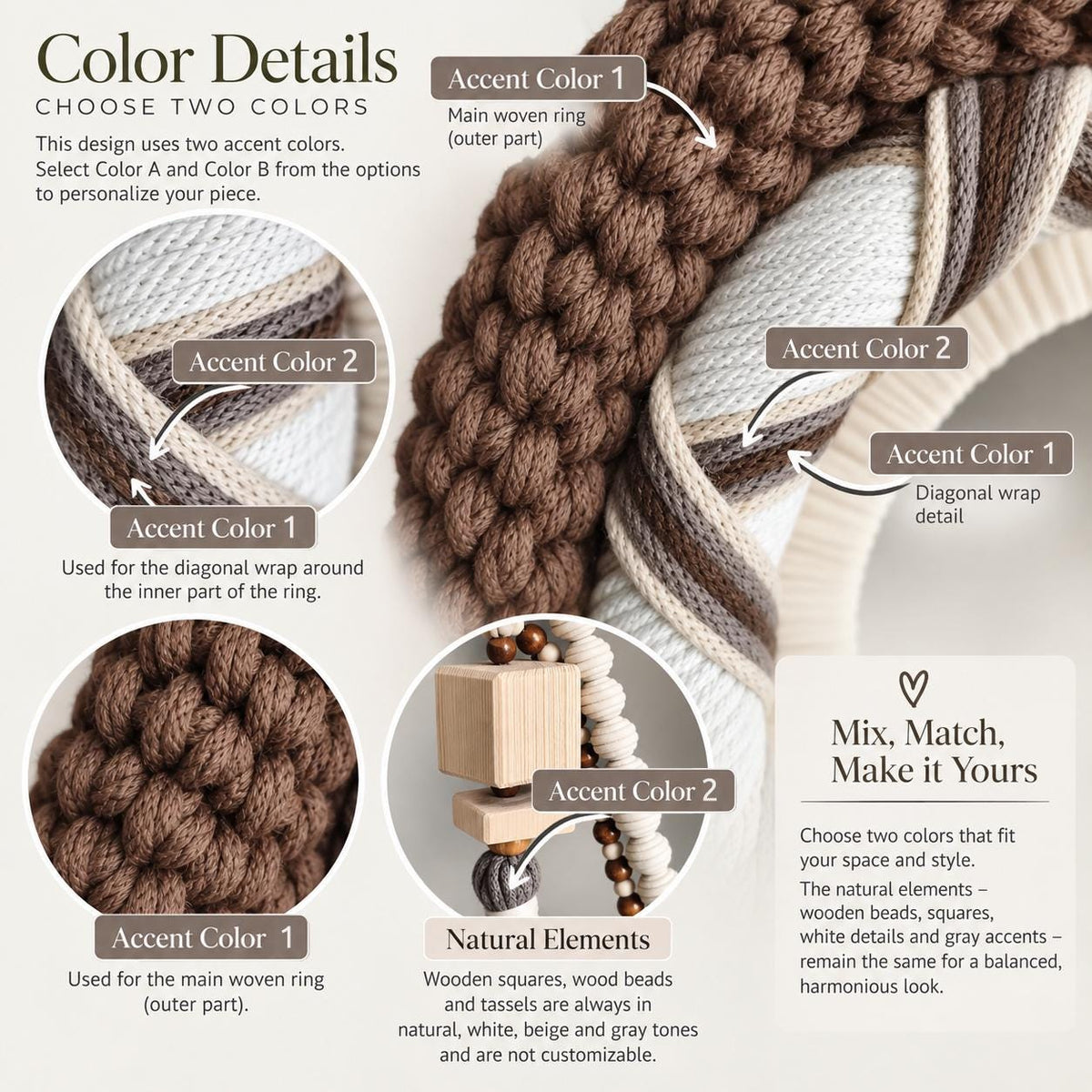 Close-up view of handmade macrame wall decor showing woven fibers, wooden beads and tassel details
