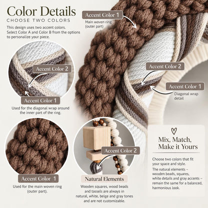 Close-up view of handmade macrame wall decor showing woven fibers, wooden beads and tassel details