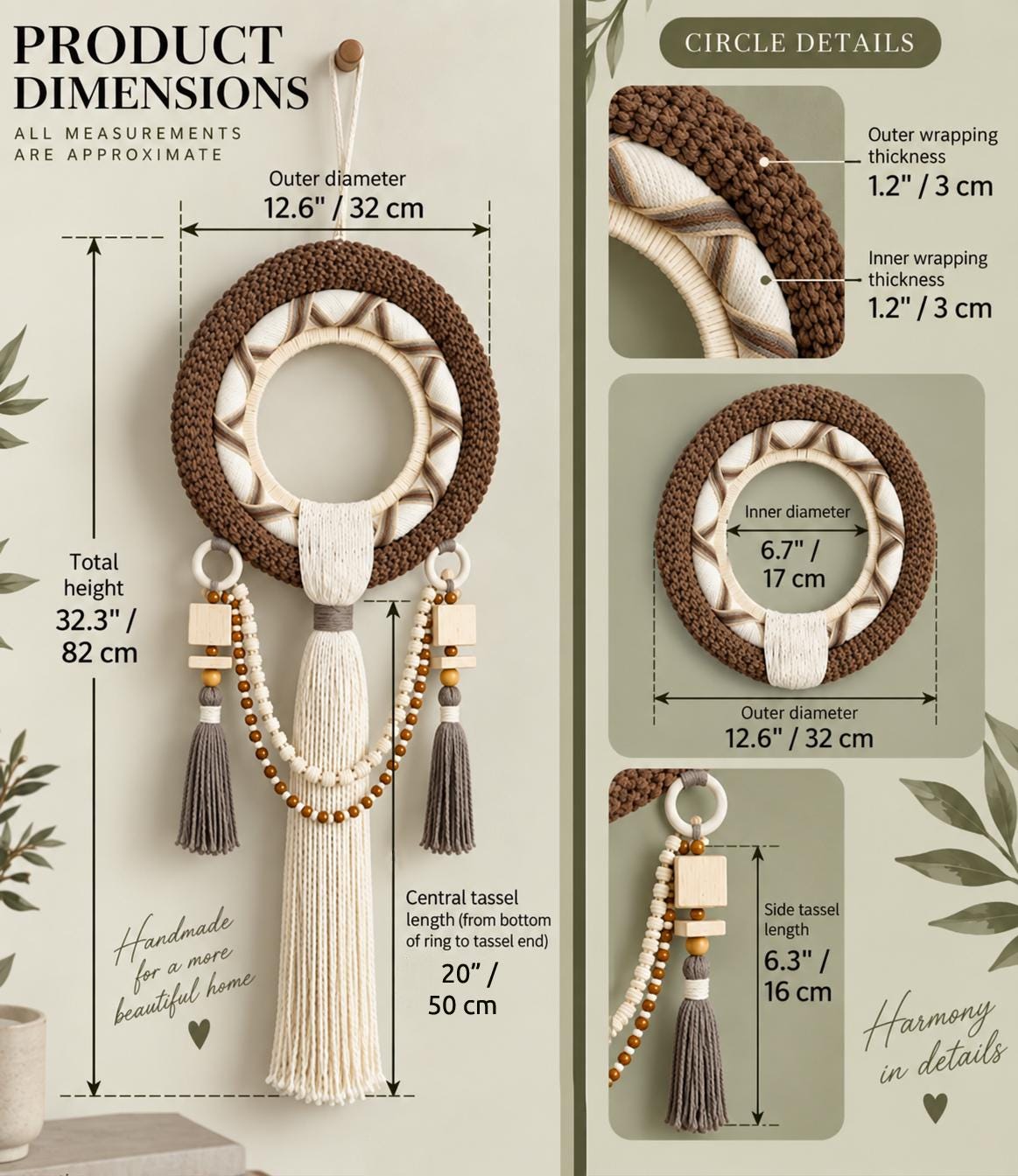 Macrame wall hanging size guide showing outer and inner ring diameter, total length and tassel measurements
