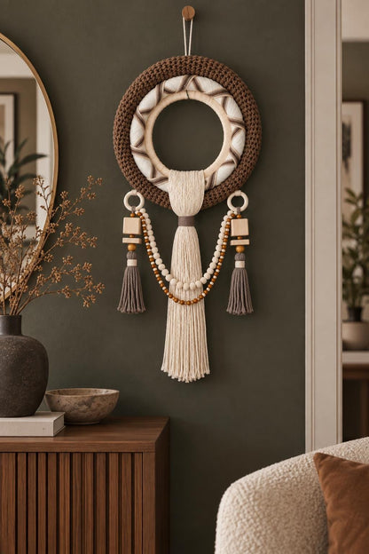 Round Macrame Wall Hanging, Handmade Brown Beige Woven Boho Home Decor (Wooden Beads, Tassels)