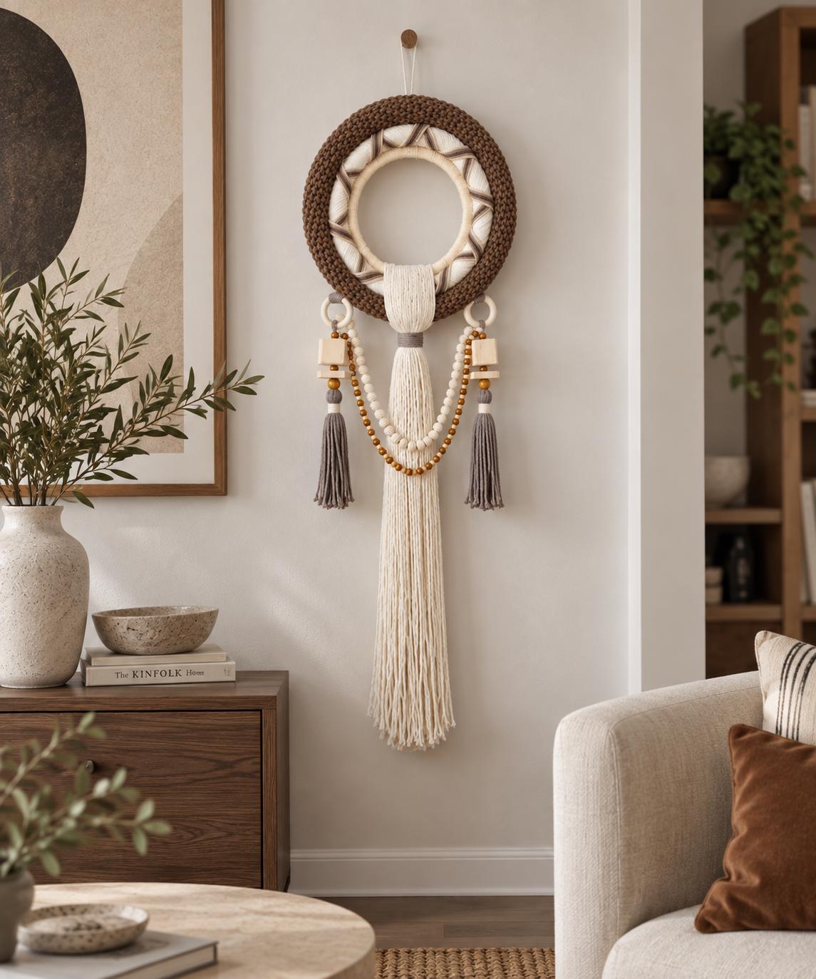 Handmade macrame wall hanging displayed as a textured accent in a modern neutral interior