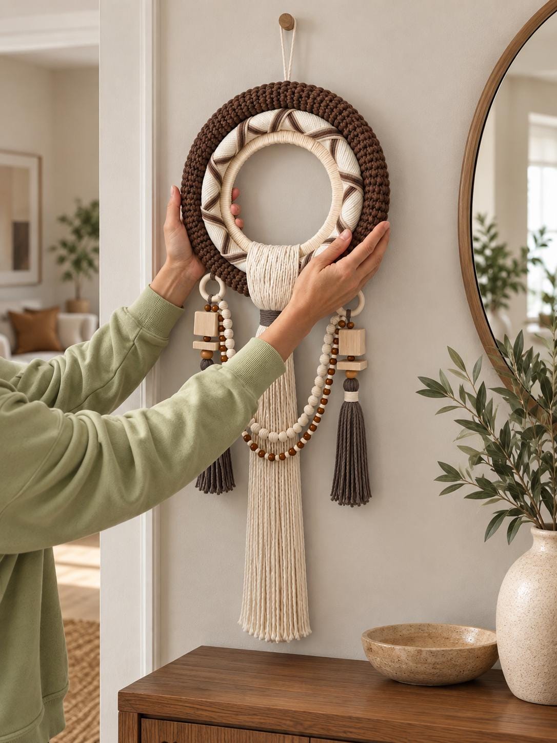 Brown and cream macrame wall decor styled in a modern interior with natural wood accents