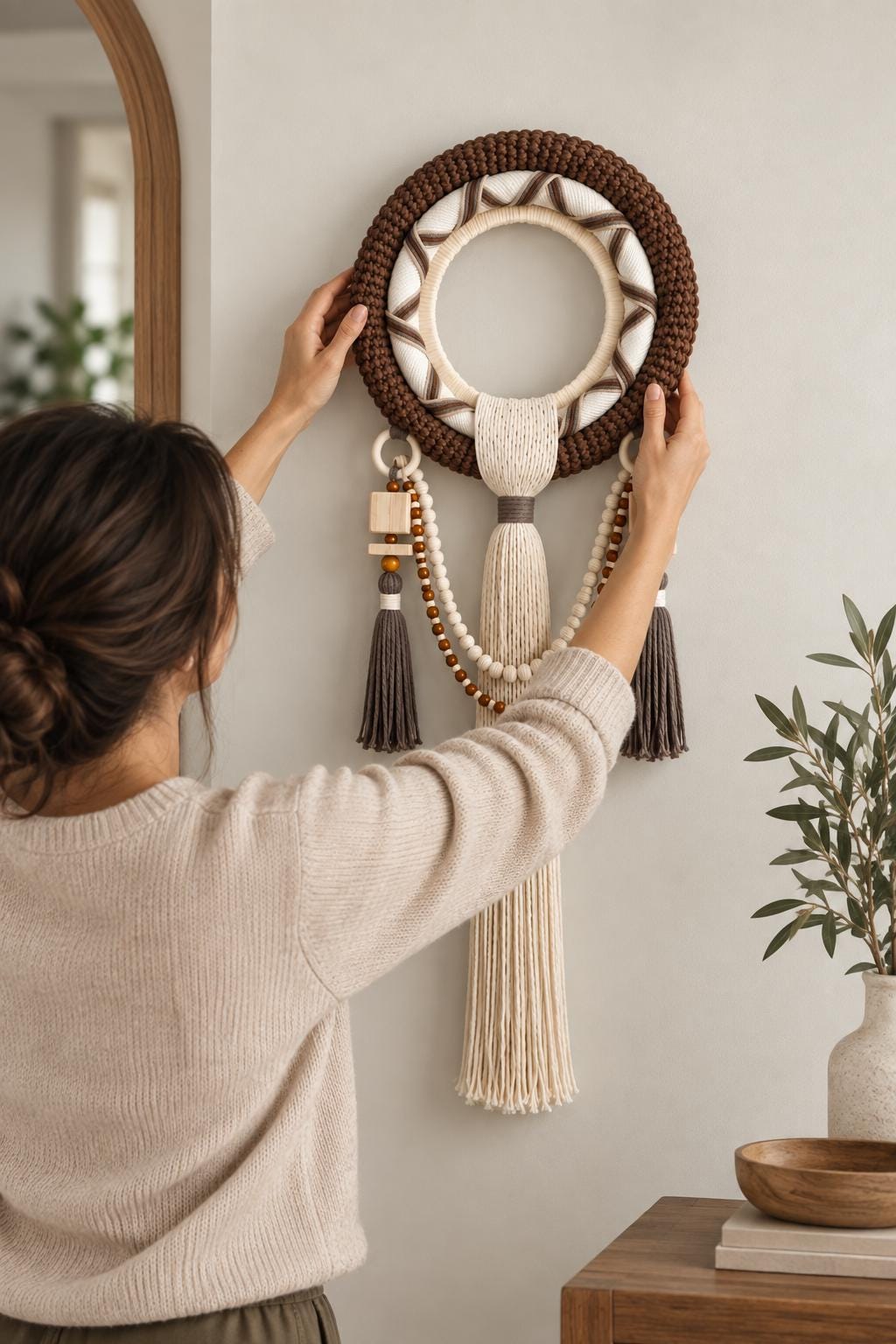 Woman hanging a handmade round macrame wall decoration on a neutral interior wall