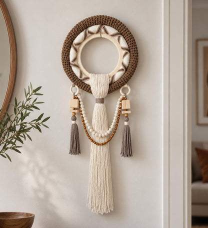 Round Macrame Wall Hanging, Handmade Brown Beige Woven Boho Home Decor (Wooden Beads, Tassels)