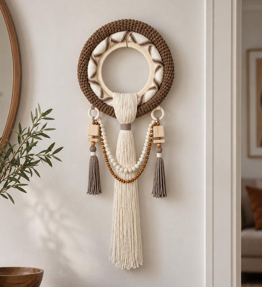 Round Macrame Wall Hanging, Handmade Brown Beige Woven Boho Home Decor (Wooden Beads, Tassels)