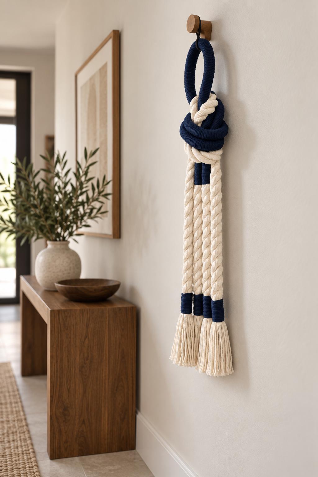 Handmade navy rope wall art with oversized cream decorative knot