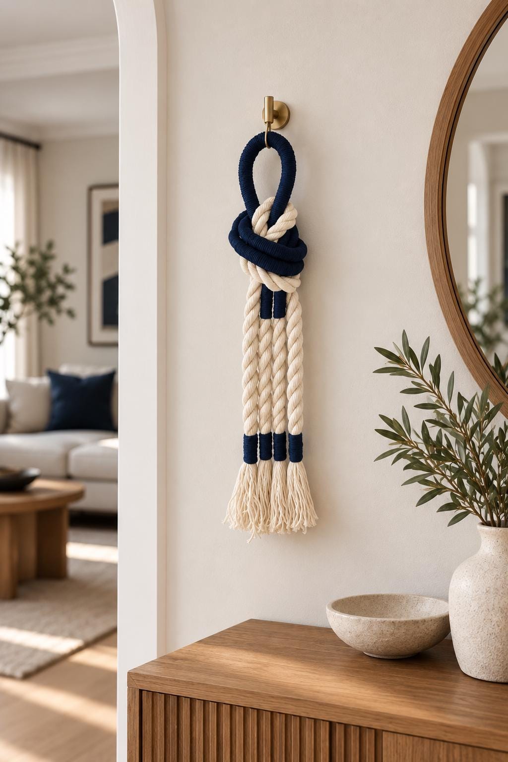 Navy blue and cream textile wall hanging with sculptural rope design
