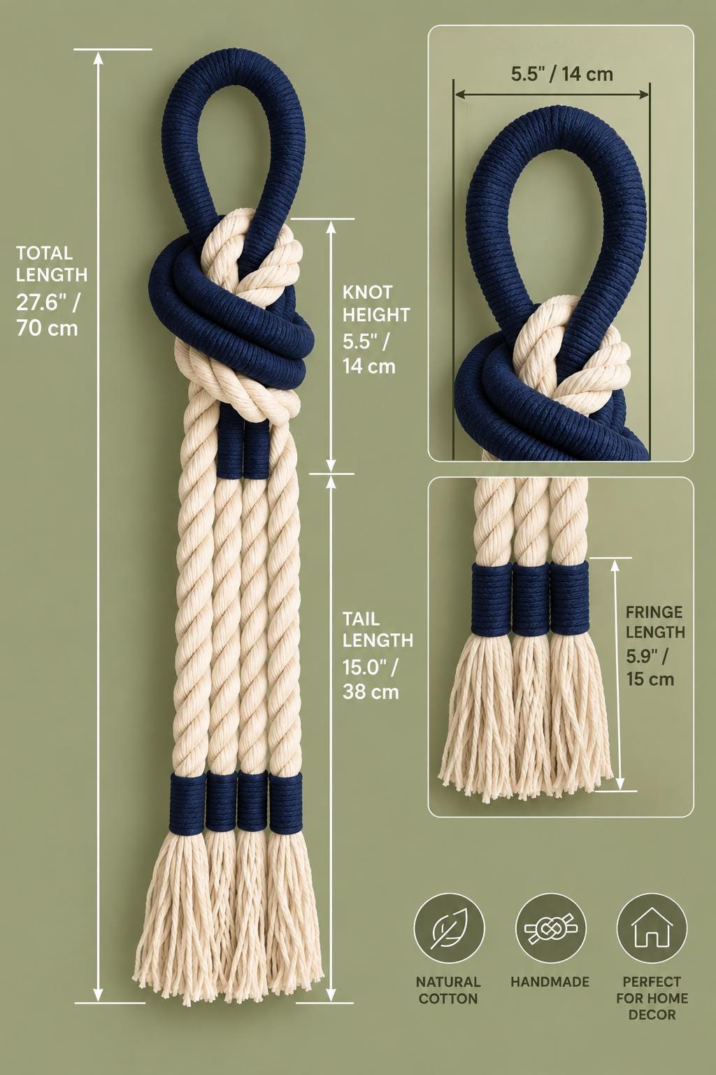 Navy Cotton Rope Macrame Wall Hanging, Scandinavian Coastal Decor