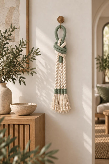 Sculptural rope wall hanging styled on a neutral living room wall