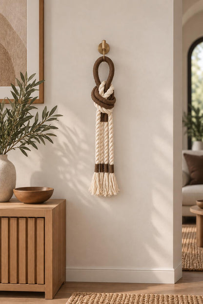 Textured textile wall art made from thick cotton rope