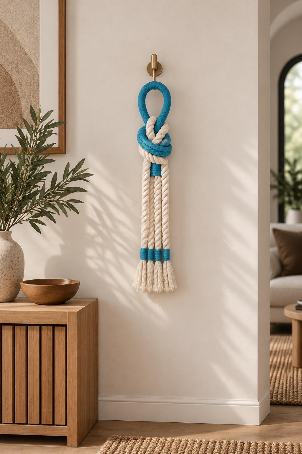 Nautical rope wall decor in blue and cream for coastal interior