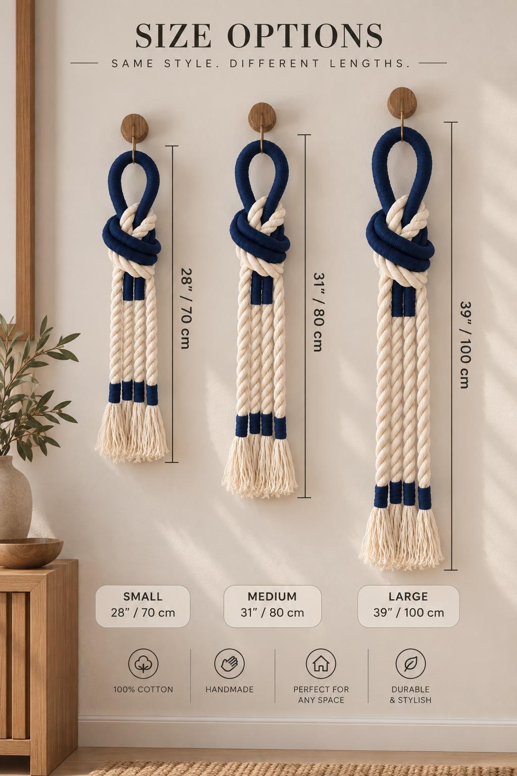 Navy Cotton Rope Macrame Wall Hanging, Scandinavian Coastal Decor