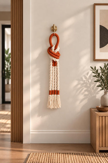 Orange  macrame wall hanging with thick natural cream cotton cords
