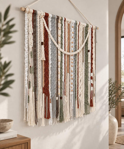 Large handmade macrame wall art with woven textures and natural wood details