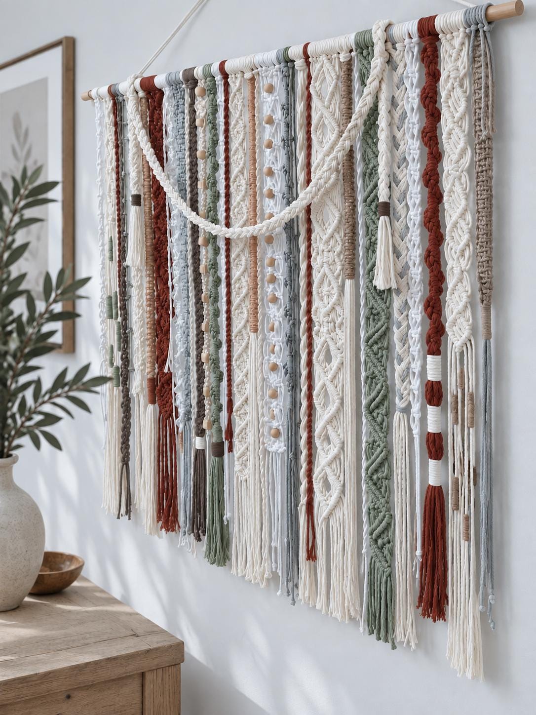Large textile wall hanging displayed on a neutral wall with natural home decor