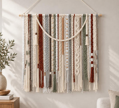 Large woven tapestry wall hanging displayed above a light wood console table