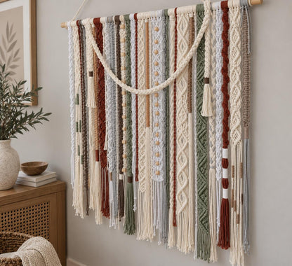 Large abstract textile wall art styled in a bright modern living room